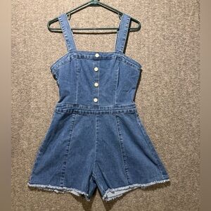 Wisteria Lane Dani Denim Romper Bibs Womens Medium blue overalls short stretch